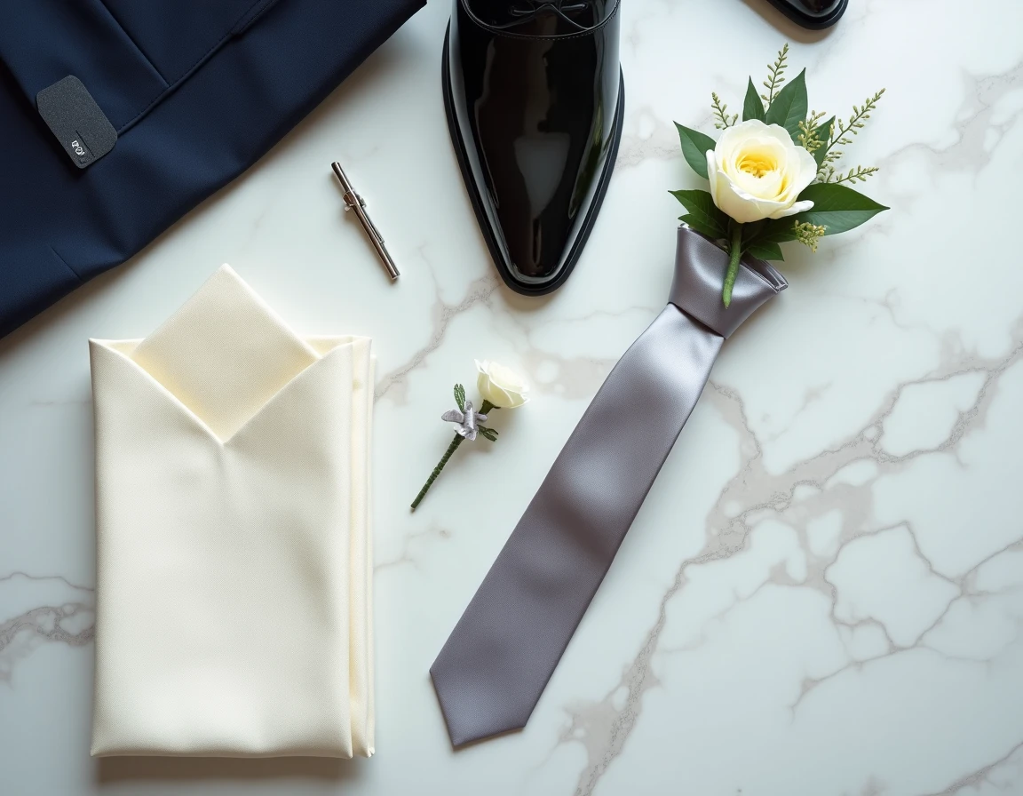 Accessoires complets pour un pack location costume mariage à Paris : pochette, épingle de cravate, chaussures et boutonnière disposés en flat-lay sur marbre
