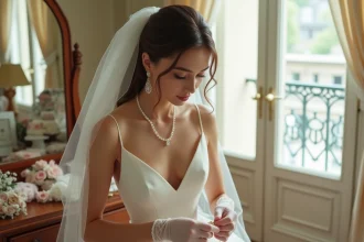 Mariée en robe blanche épurée choisissant des accessoires dorés et perles sur une coiffeuse vintage dans un appartement parisien