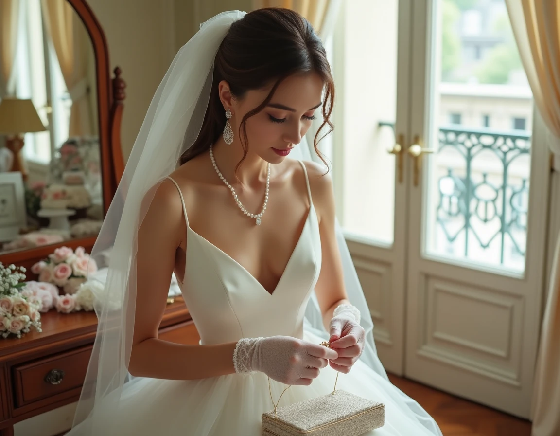 Mariée en robe blanche épurée choisissant des accessoires dorés et perles sur une coiffeuse vintage dans un appartement parisien