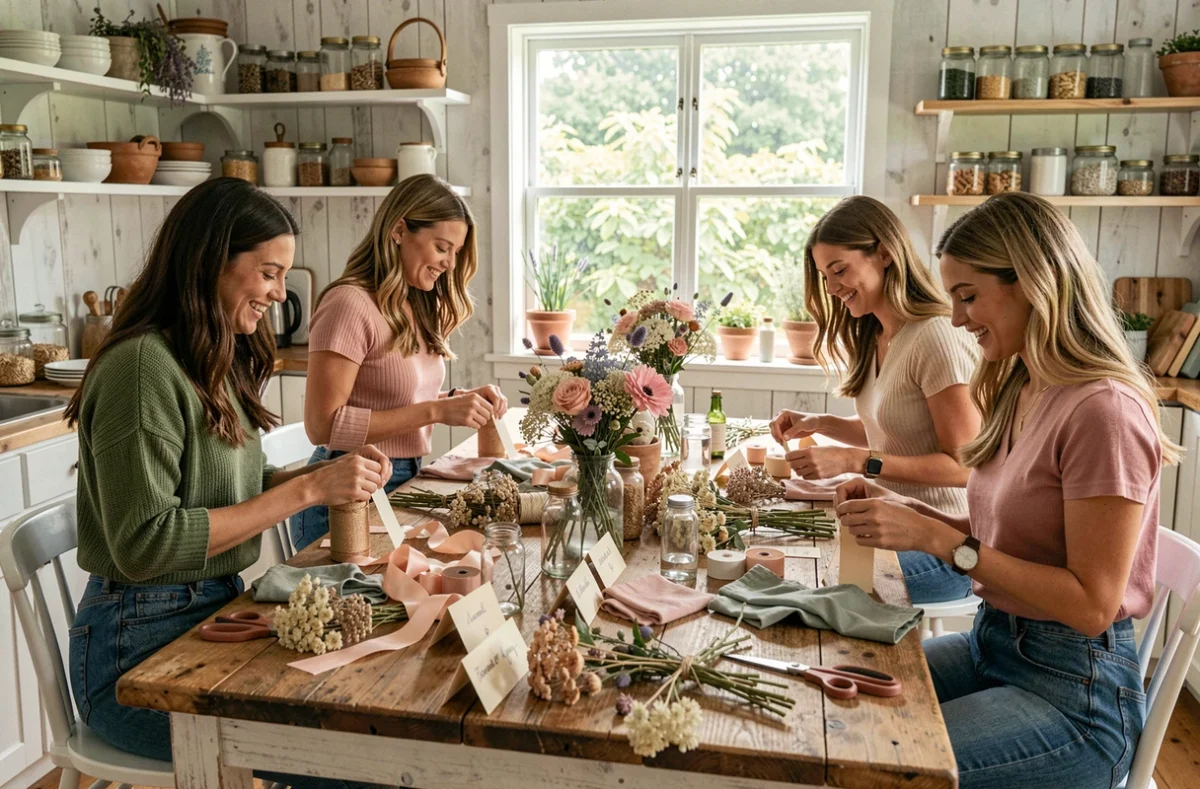 Groupe d'amies réalisant des activités DIY pour un enterrement de vie de jeune fille dans un atelier décoré avec des fleurs séchées et des matériaux créatifs