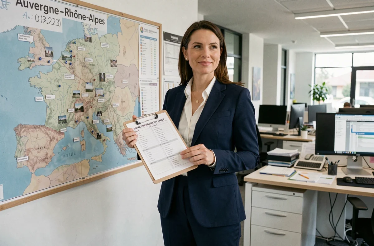 Wedding planner professionnelle devant une carte de la région Auvergne-Rhône-Alpes dans son agence moderne, coordonnant des mariages sur l'ensemble du territoire