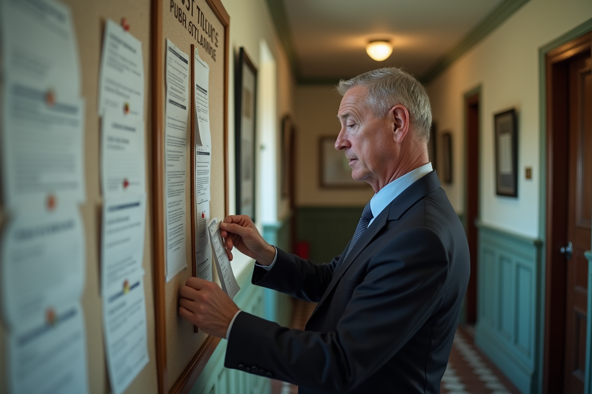 Agent municipal affichant une annonce dans un hall d mairie