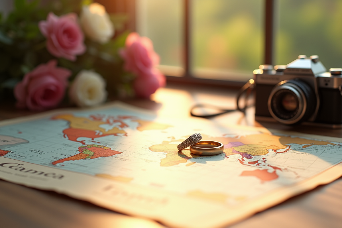 Alliances de mariage avec documents de voyage et carte du monde sur une table en bois
