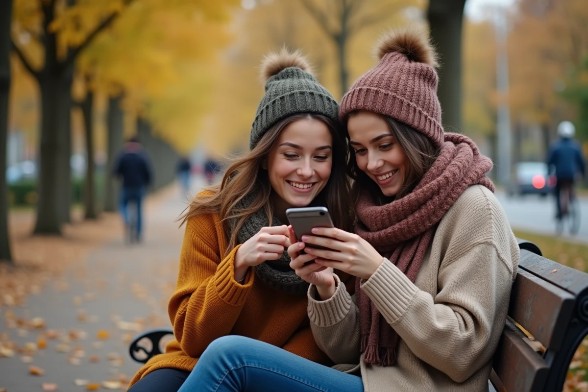 Deux amis comparant des profils sur Bumble dans un parc urbain en automne, discutant des stratégies pour apparaître plus souvent dans l'algorithme