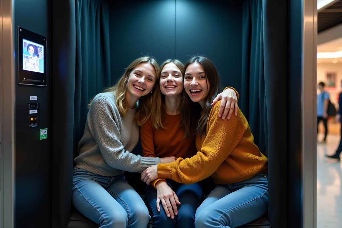 Groupe d'amis s'amusant dans un photobooth libre-service de centre commercial avec bande photos imprimée visible