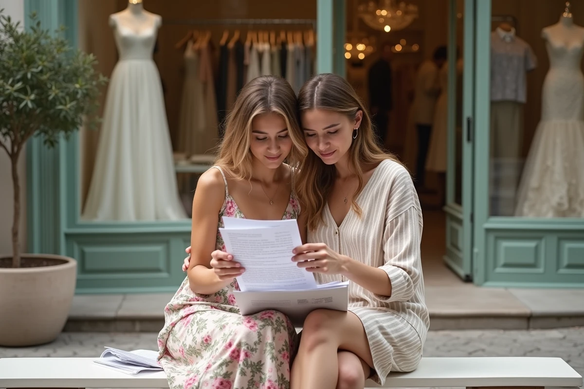 Deux femmes analysant un devis de robe de mariée devant la façade d'une boutique nuptiale en ville