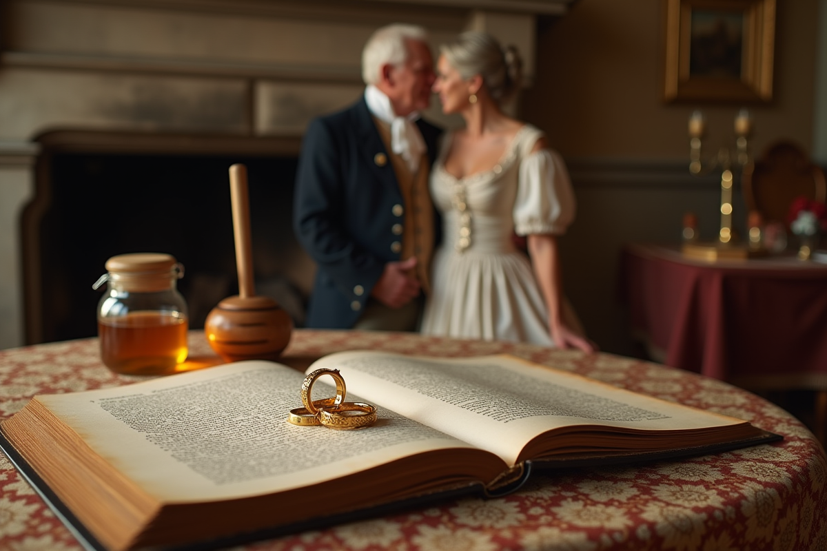 Ancienne script avec alliances en or et ambiance nostalgique