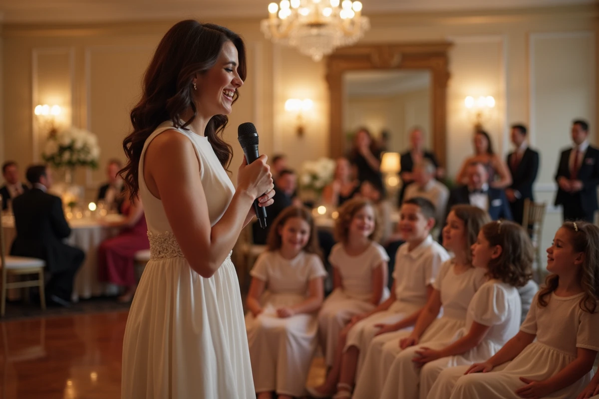 Animatrice de mariage souriante avec enfants lors de la reception