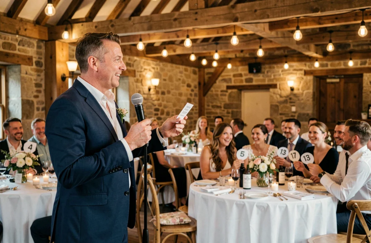 Animateur de mariage présentant un quiz pour les invités lors d'une réception en grange décorée