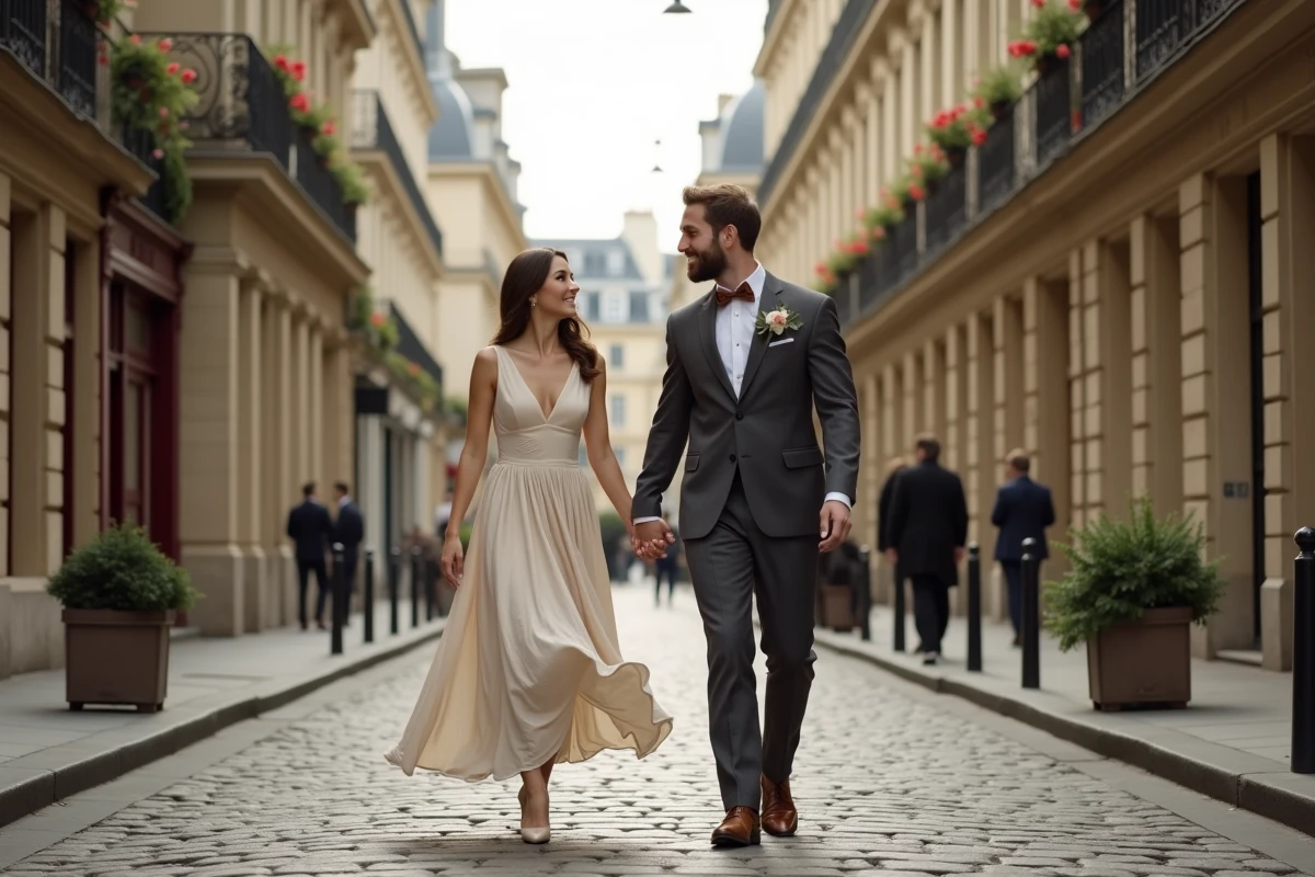 Couple élégant se promenant main dans la main sur un boulevard parisien pavé, évoquant l'engagement et la vie de couple d'Anne-Charlène Bezzina