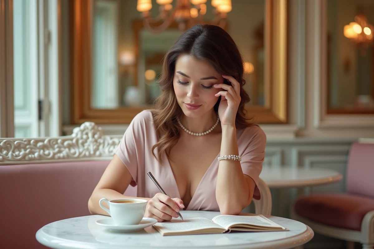Femme élégante dans un salon de thé parisien consultant des notes de mariage, illustration du thème union et engagement autour d'Anne-Charlène Bezzina