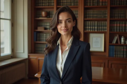 Portrait professionnel d'une juriste française élégante dans un cabinet d'avocat parisien, illustrant le parcours et l'engagement d'Anne-Charlène Bezzina