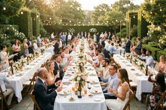 Grande fête d'anniversaire en plein air avec une centaine d'invités réunis autour de tables décorées dans un jardin festif