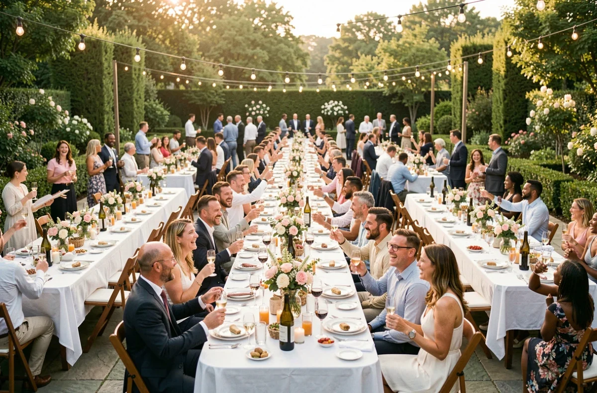 Grande fête d'anniversaire en plein air avec une centaine d'invités réunis autour de tables décorées dans un jardin festif