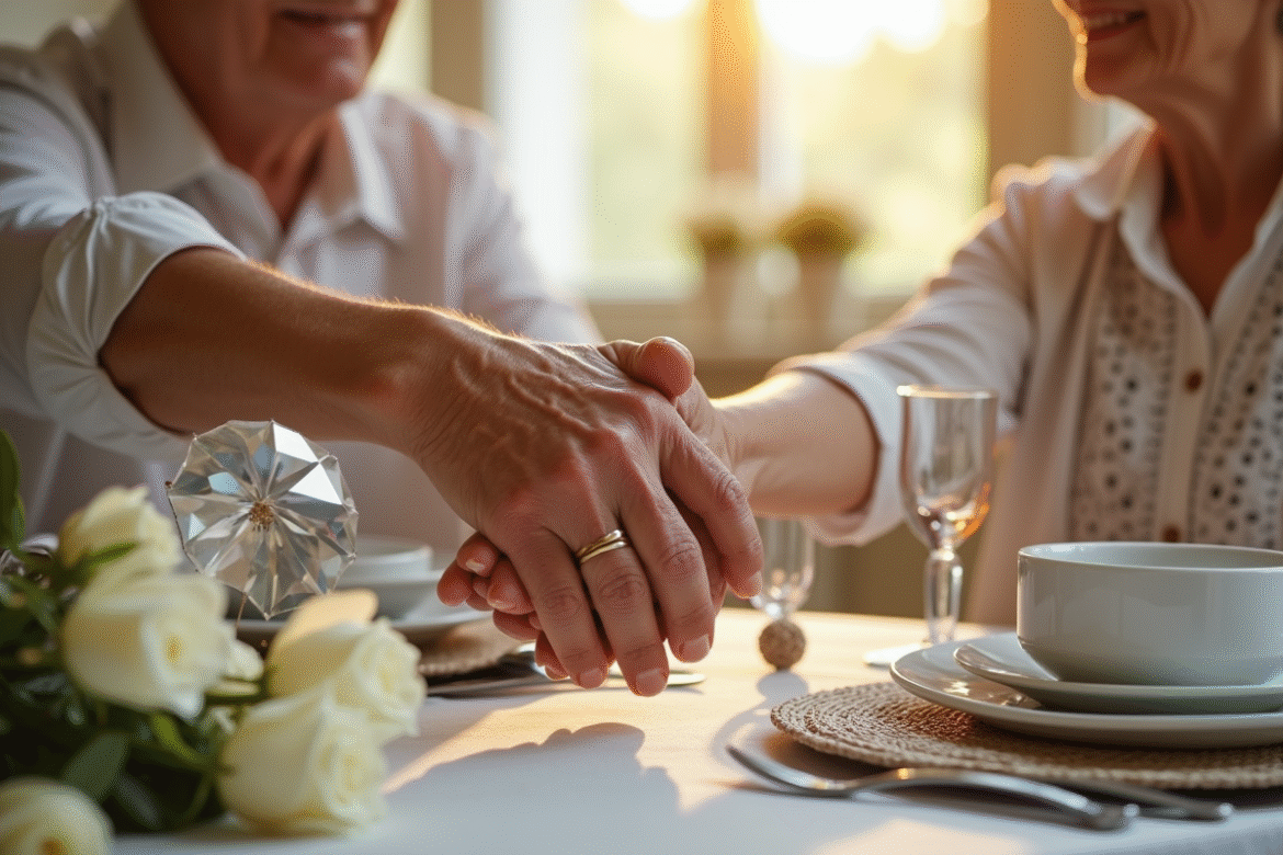 Couple âgé tenant main lors de leur 60e anniversaire de mariage