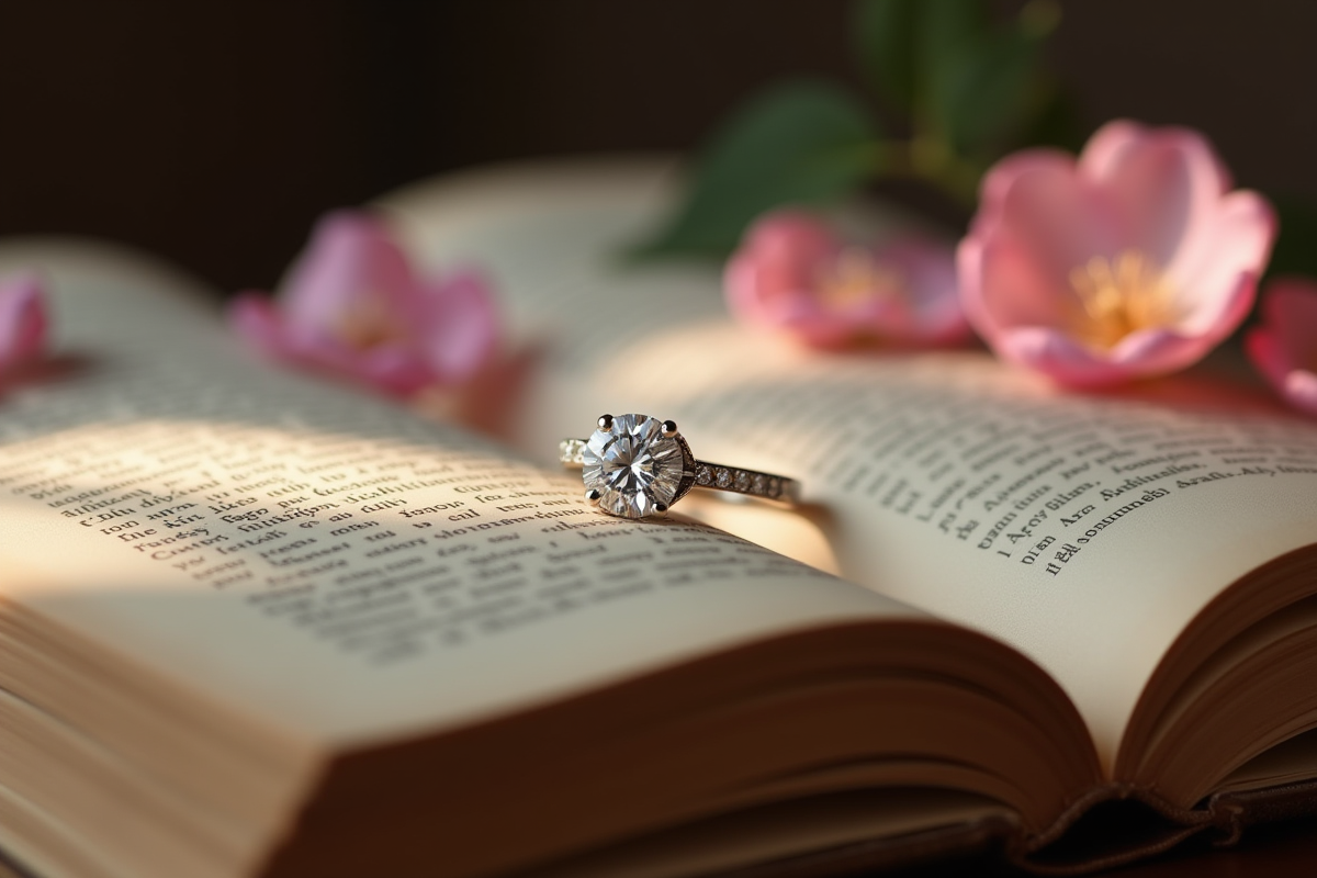 Bague en diamant sur un livre ancien avec des pétales