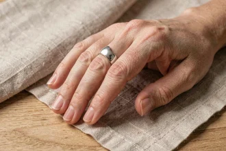 Main de femme avec une bague trop grande glissant sur le doigt, illustrant le problème de taille de bague