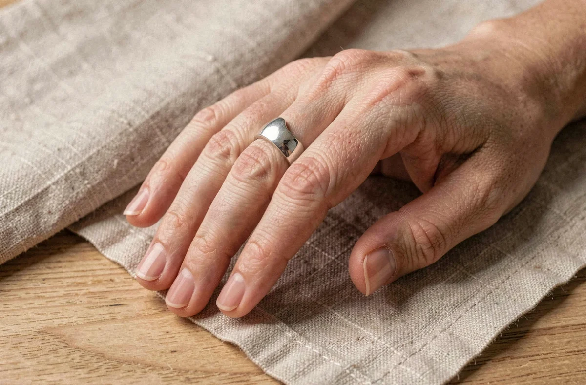 Main de femme avec une bague trop grande glissant sur le doigt, illustrant le problème de taille de bague