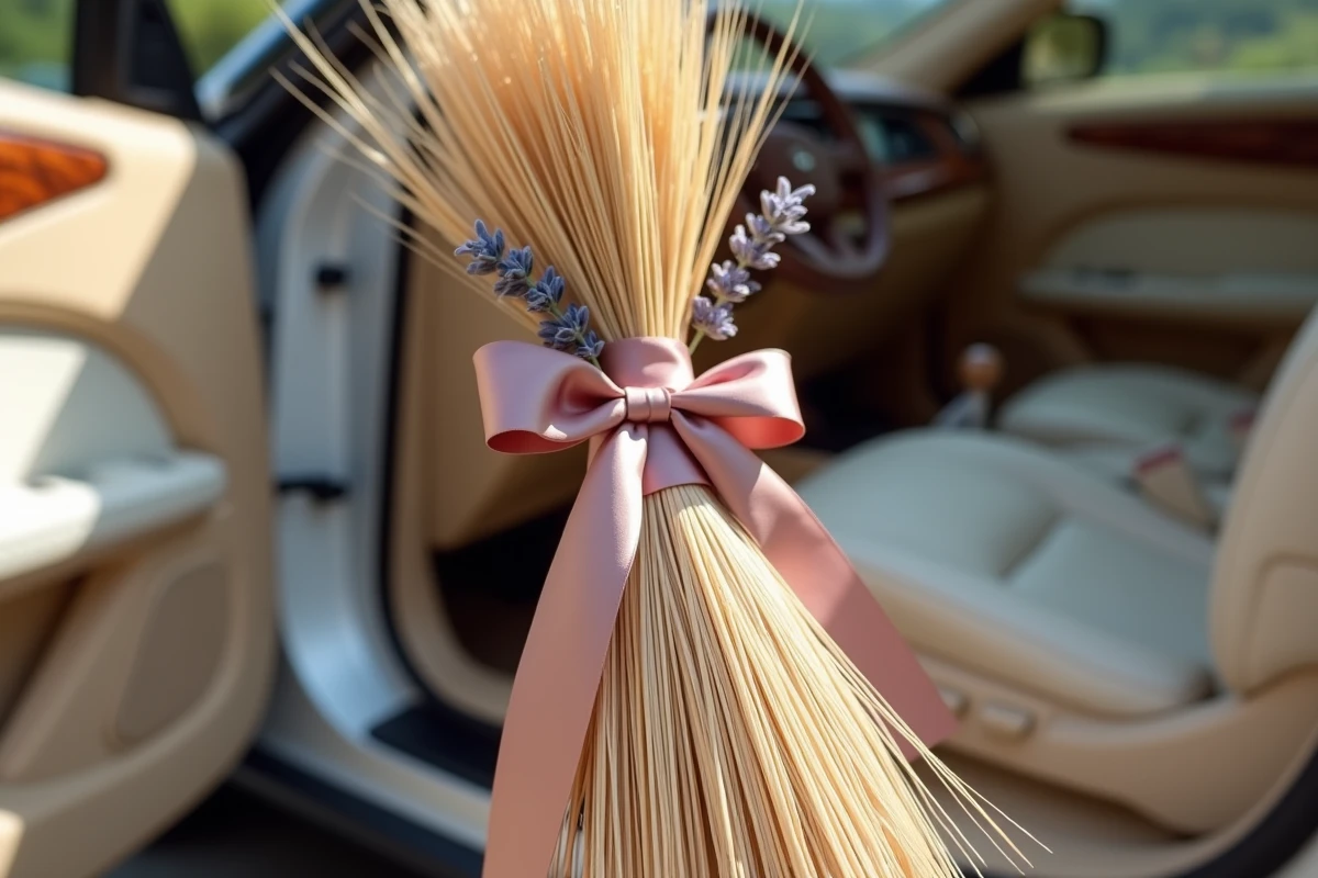 Gros plan d'un balai de mariage artisanal en épi de blé et ruban rose poudré appuyé contre une voiture de luxe grise
