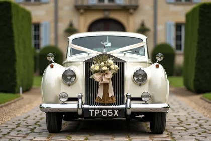 Voiture de mariage vintage décorée d'un balai artisanal en soie ivoire et roses séchées devant un château en pierre