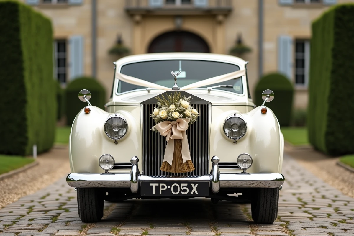 Voiture de mariage vintage décorée d'un balai artisanal en soie ivoire et roses séchées devant un château en pierre
