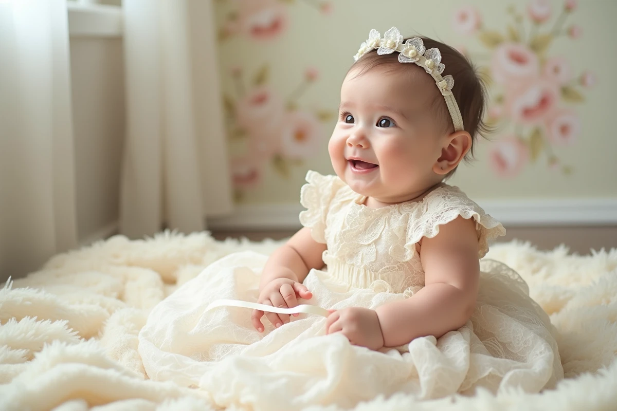 Bébé fille en robe de mariage en dentelle ivoire souriant