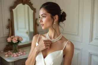 Mariée ajustant son collier de perles nacrées devant un miroir dans une salle de préparation élégante
