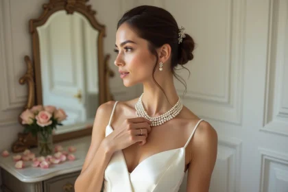 Mariée ajustant son collier de perles nacrées devant un miroir dans une salle de préparation élégante