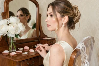 Mariée portant une boucle d'oreille perle élégante lors de la préparation du mariage devant un miroir vintage