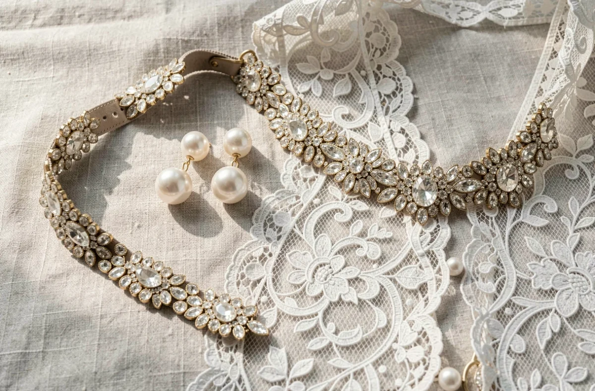 Boucles d'oreilles en perles, ceinture bijou et cape de mariée