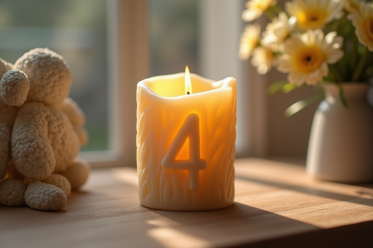 Bougie avec le chiffre 4 et fleurs sur table en bois