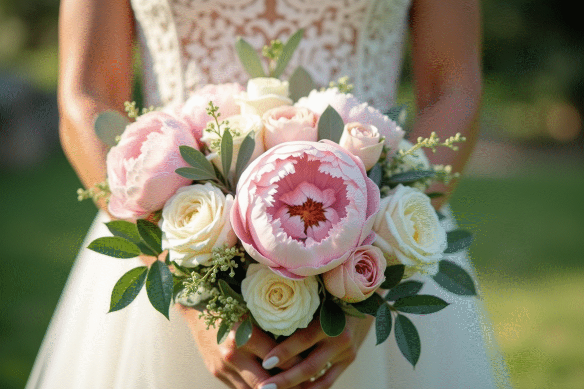 Premier plan d'un bouquet de mariage avec pivoines roses et roses blanches