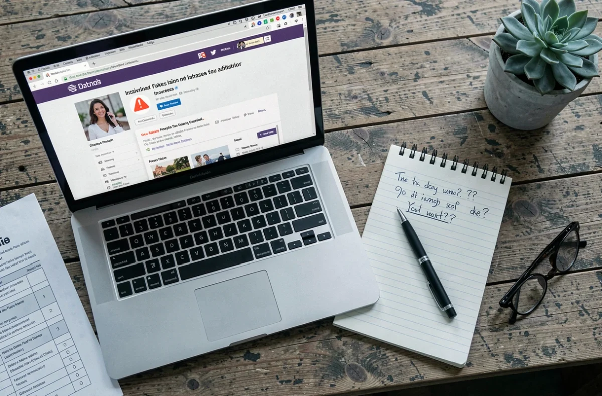 Vue aérienne d'un bureau avec ordinateur affichant un faux profil signalé et notes manuscrites sur les arnaques en ligne