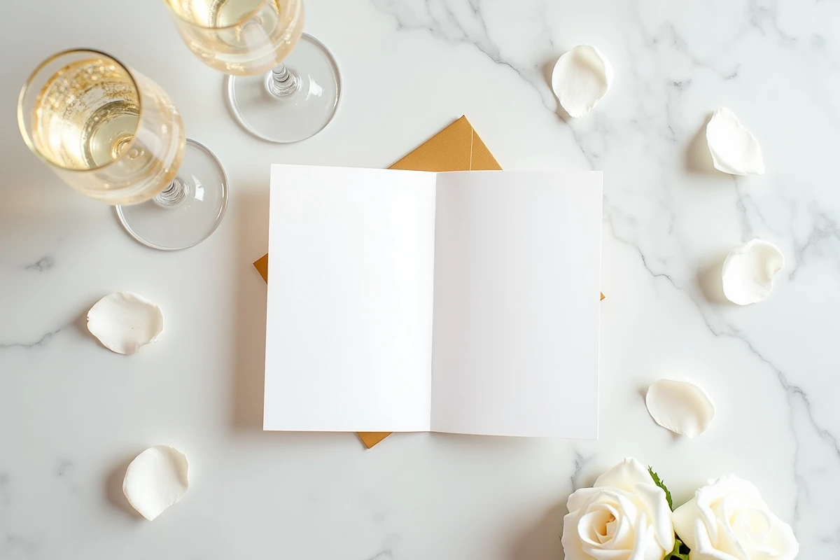 Carte de félicitations manuscrite pour un mariage posée sur marbre avec flûtes de champagne et pétales de rose