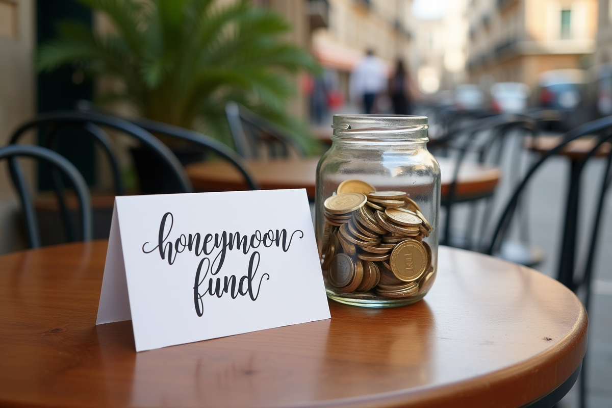 Carte manuscrite de lune de miel avec jarre de monnaie en extérieur