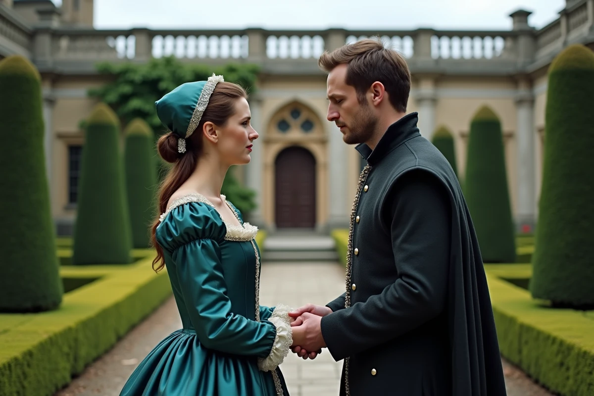 Couple en costume Tudor se tenant les mains dans un jardin en pierre, illustrant les amours de Catherine Parr avant et après Henri VIII