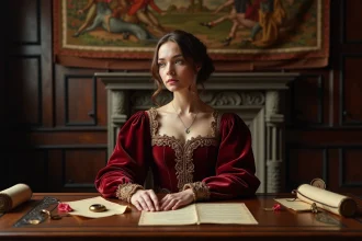 Femme vêtue d'une robe Tudor en velours cramoisi assise à un bureau avec des parchemins, évoquant Catherine Parr et ses correspondances amoureuses