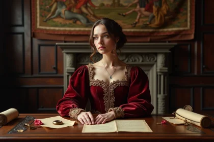 Femme vêtue d'une robe Tudor en velours cramoisi assise à un bureau avec des parchemins, évoquant Catherine Parr et ses correspondances amoureuses