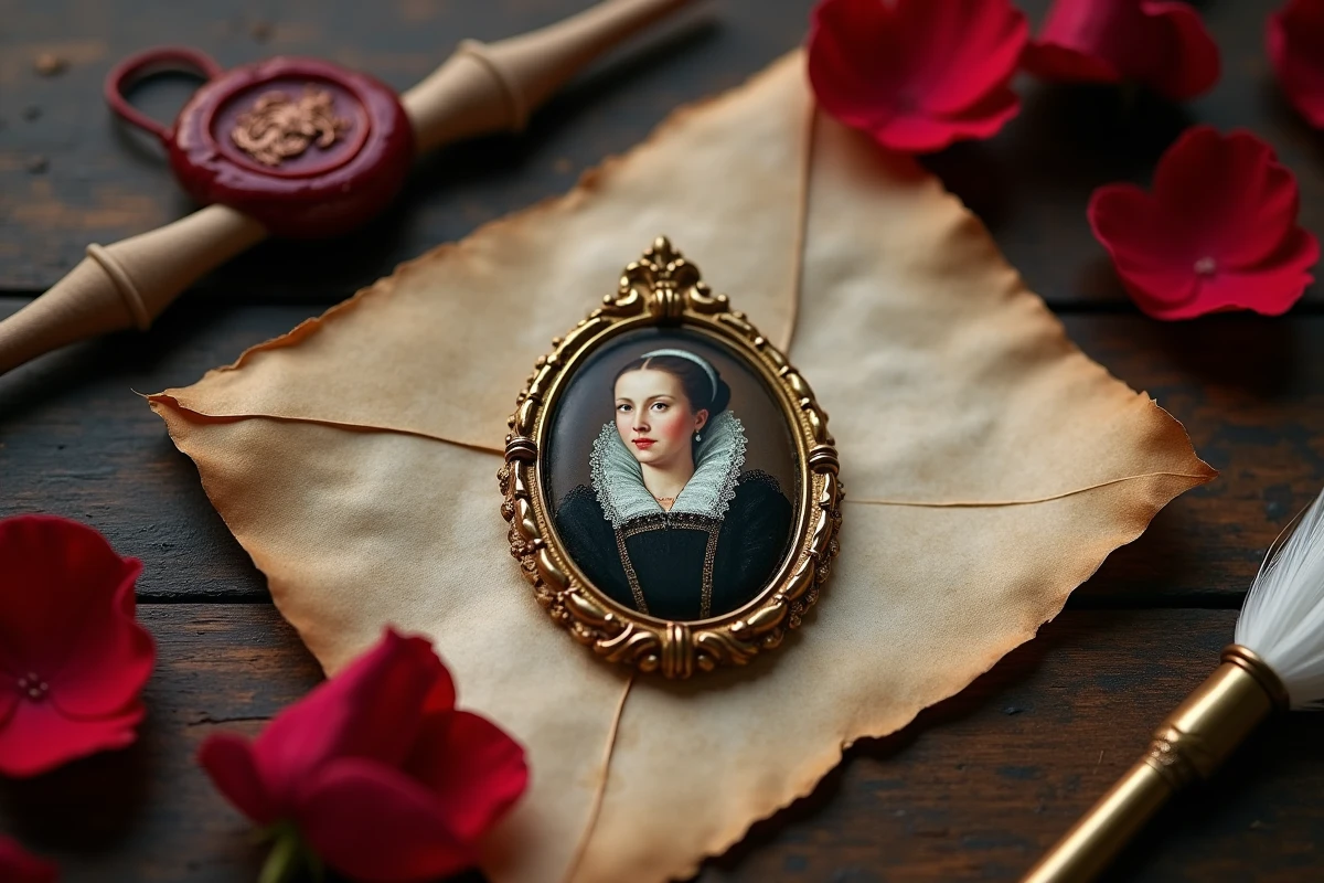 Miniature portrait Tudor en cadre doré posée sur du bois ancien avec une lettre cachetée à la cire, symbole des amours secrètes de Catherine Parr