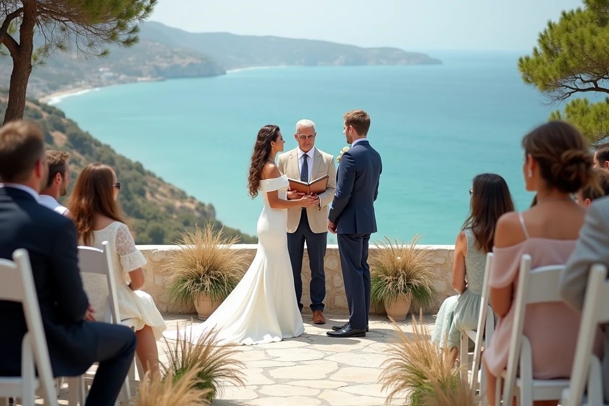Cérémonie de mariage en plein air sur une falaise surplombant la Riviera albanaise avec vue sur la mer Ionienne