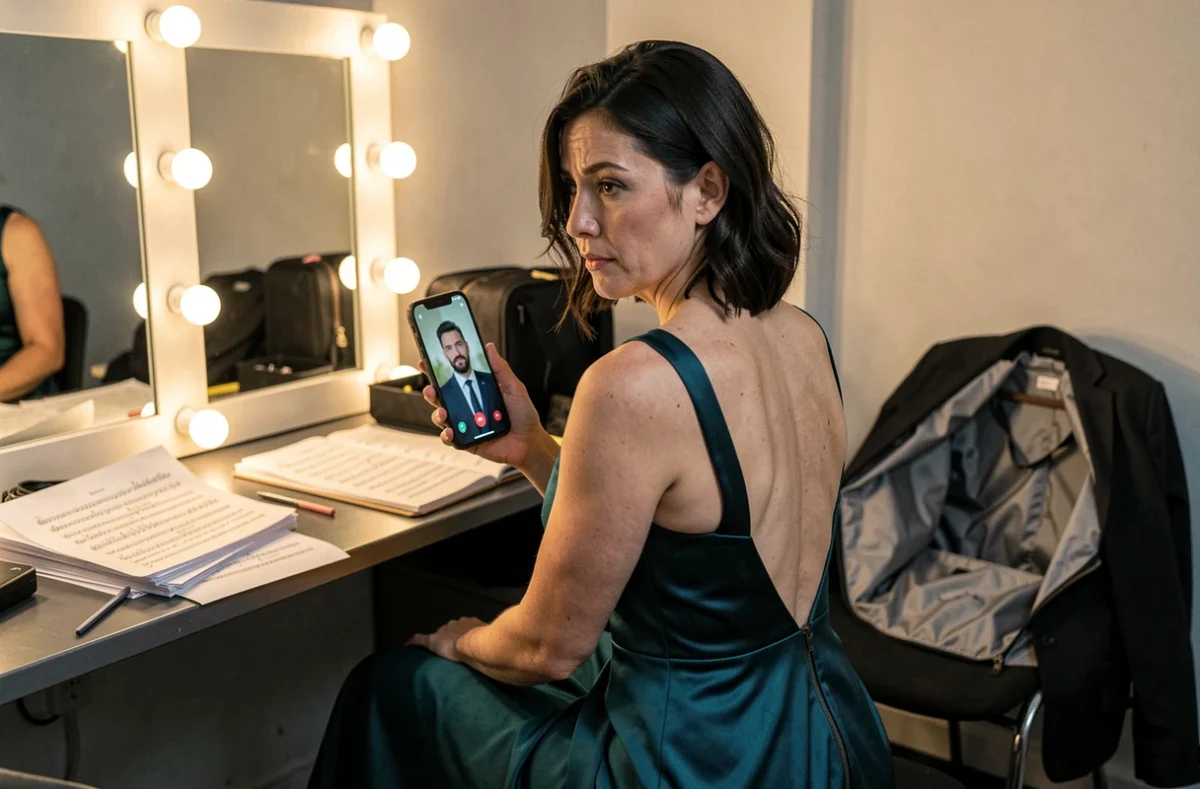Chanteuse lyrique en coulisses lors d'un appel vidéo avec son partenaire, illustrant la dualité entre carrière artistique et vie amoureuse