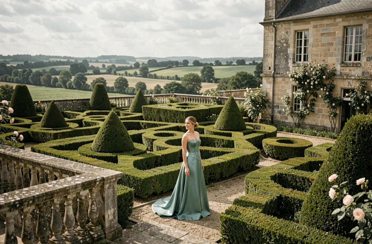 Mariée dans les jardins baroques en topiaire du Château de la Ballue à Bazouges-la-Pérouse, avec vue sur la campagne bretonne environnante