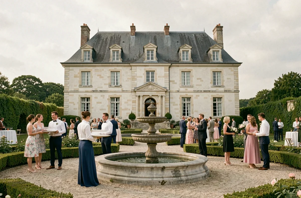 Cocktail de mariage dans le jardin à la française du Château de Miniac, avec invités élégants autour d'une fontaine en pierre devant la façade du manoir