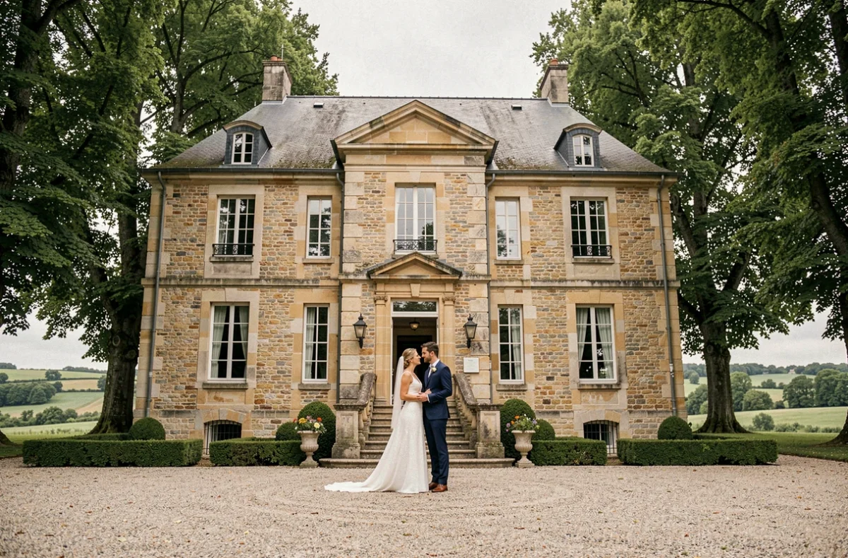 Couple de mariés devant la façade en pierre du Château des Pères à Piré-Chancé, entouré d'arbres centenaires et d'un jardin à la française