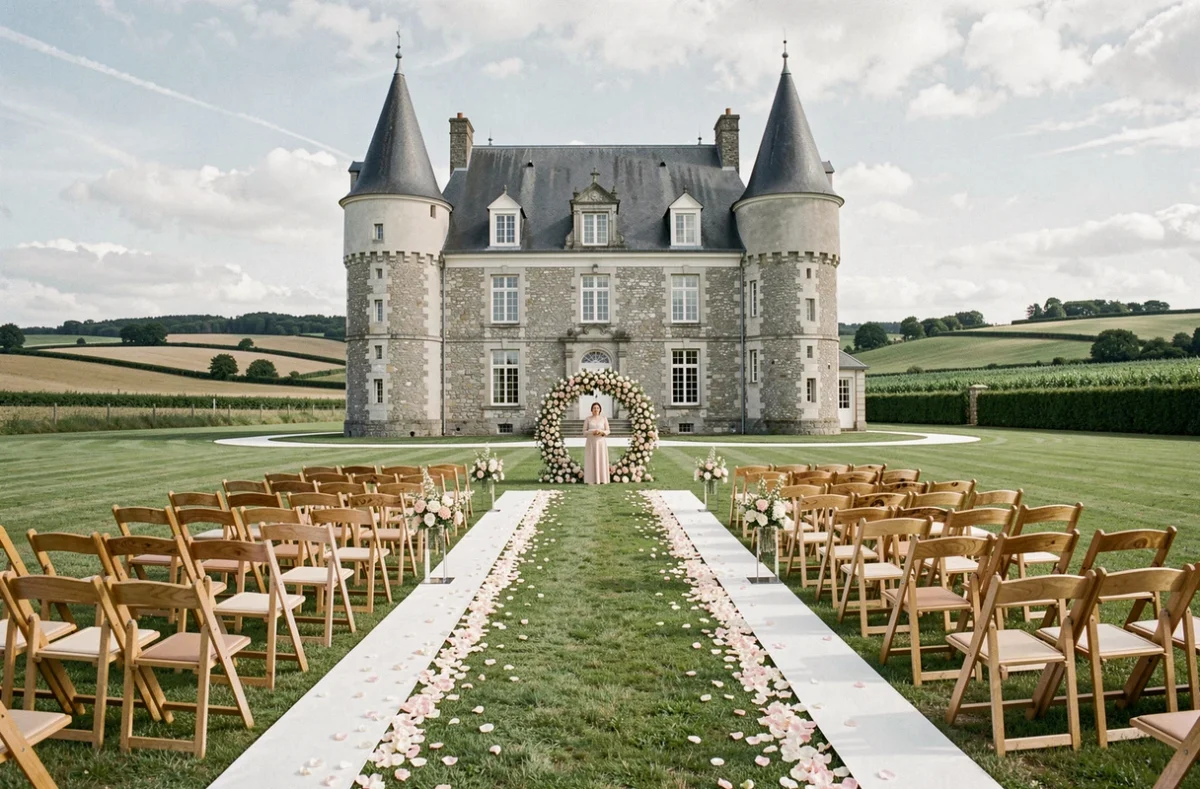 Cérémonie de mariage en plein air sur la pelouse du Château La Giraudais à Mézières-sur-Couesnon, avec arche florale et château en arrière-plan