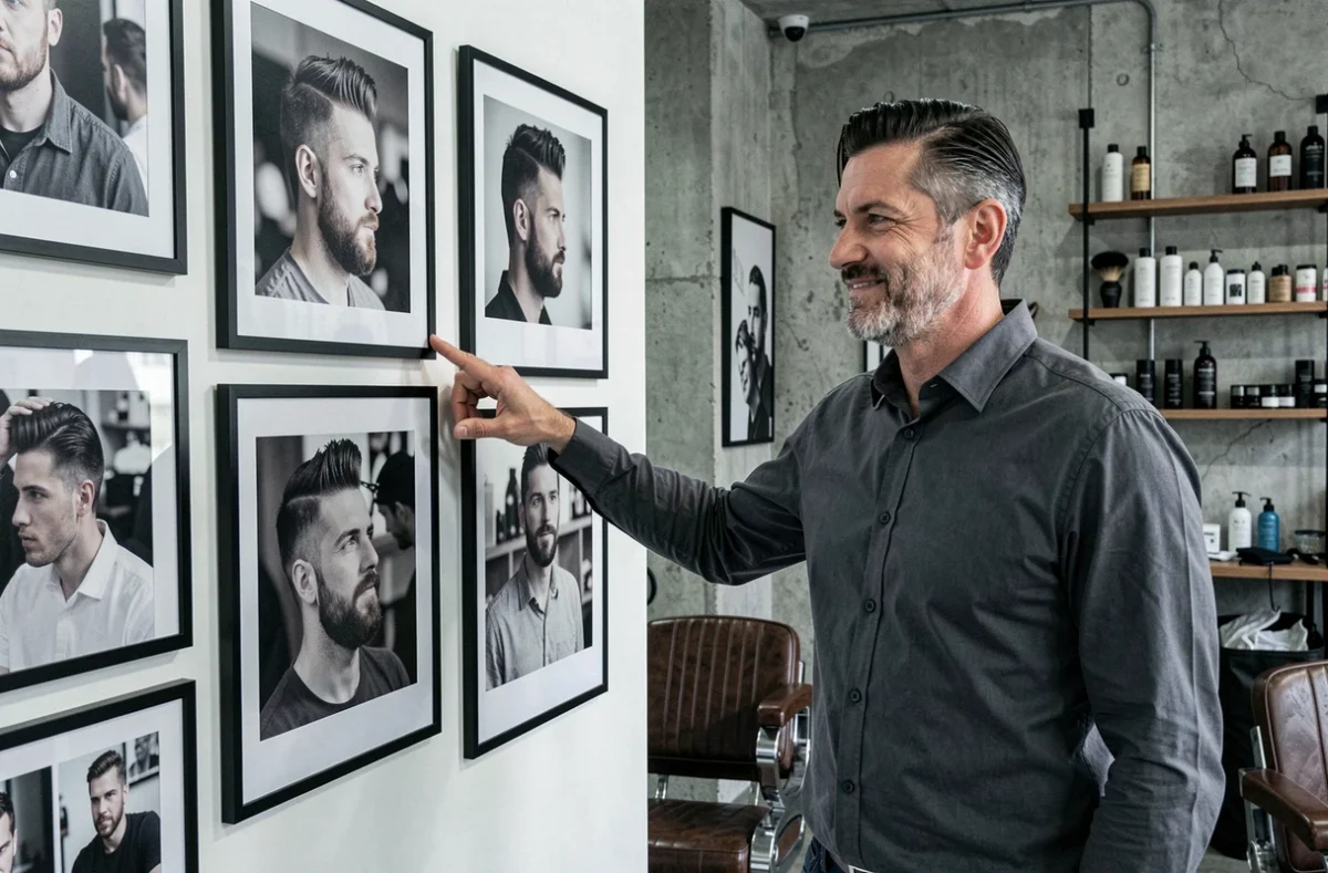Coiffeur masculin présentant des photos de coiffures encadrées dans un barbershop contemporain
