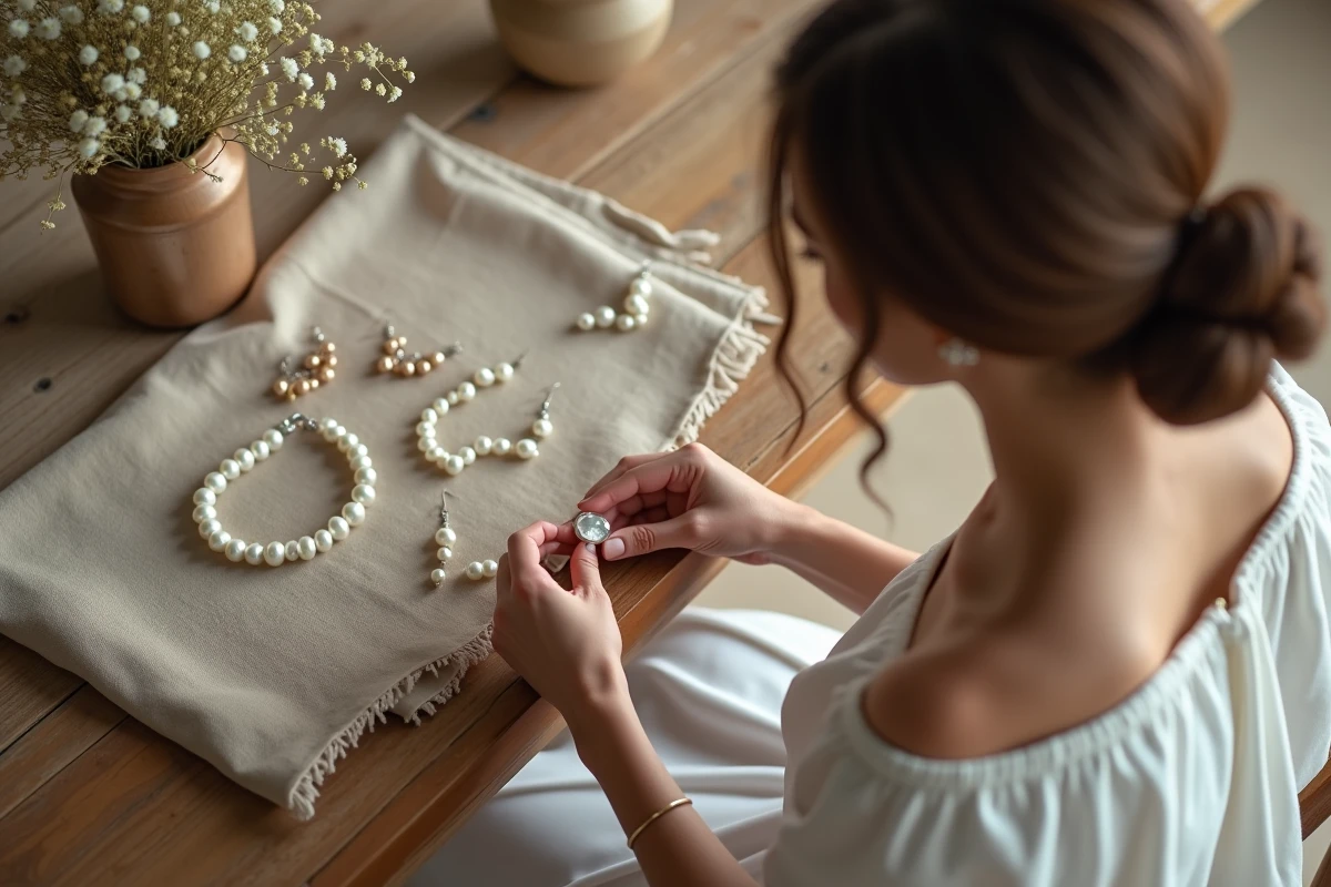 Collection de bijoux mariage en perles disposés sur un tissu de lin avec des fleurs séchées blanches