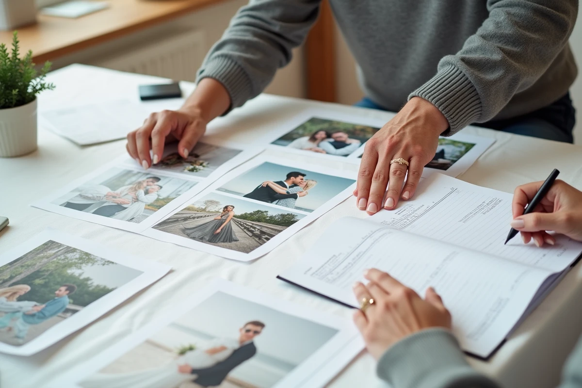 Vue aérienne de portfolios de photographes mariage, devis et planches d'inspiration sur une table pour comparer les styles et les prix selon le type de cérémonie