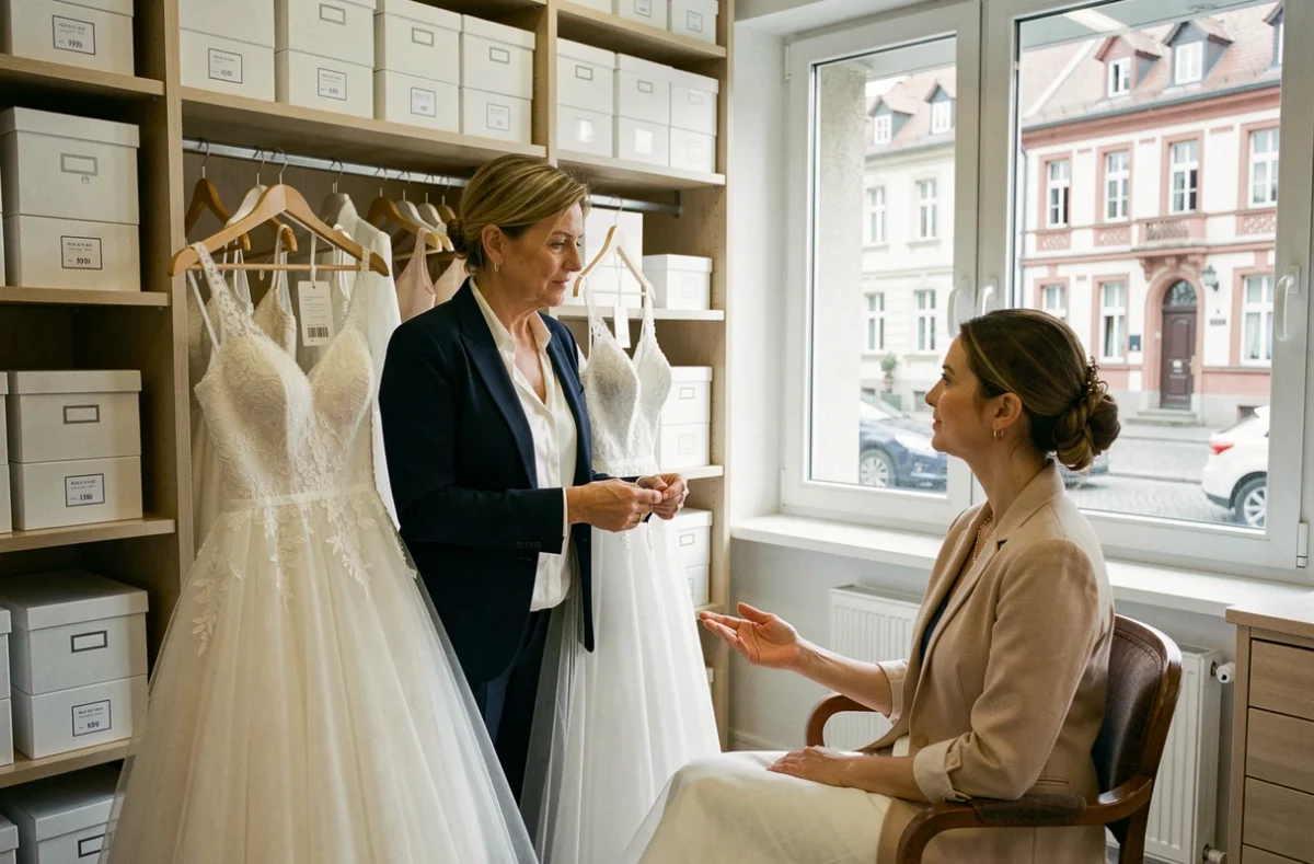 Consultante présentant des robes de mariée à louer ou acheter dans un atelier nuptial de Strasbourg