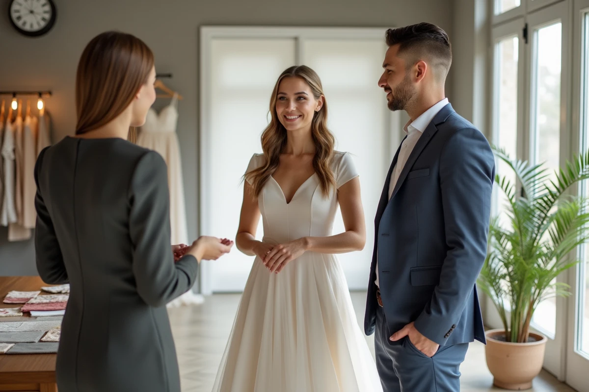 Consultante en mariage discutant avec un couple dans une boutique moderne
